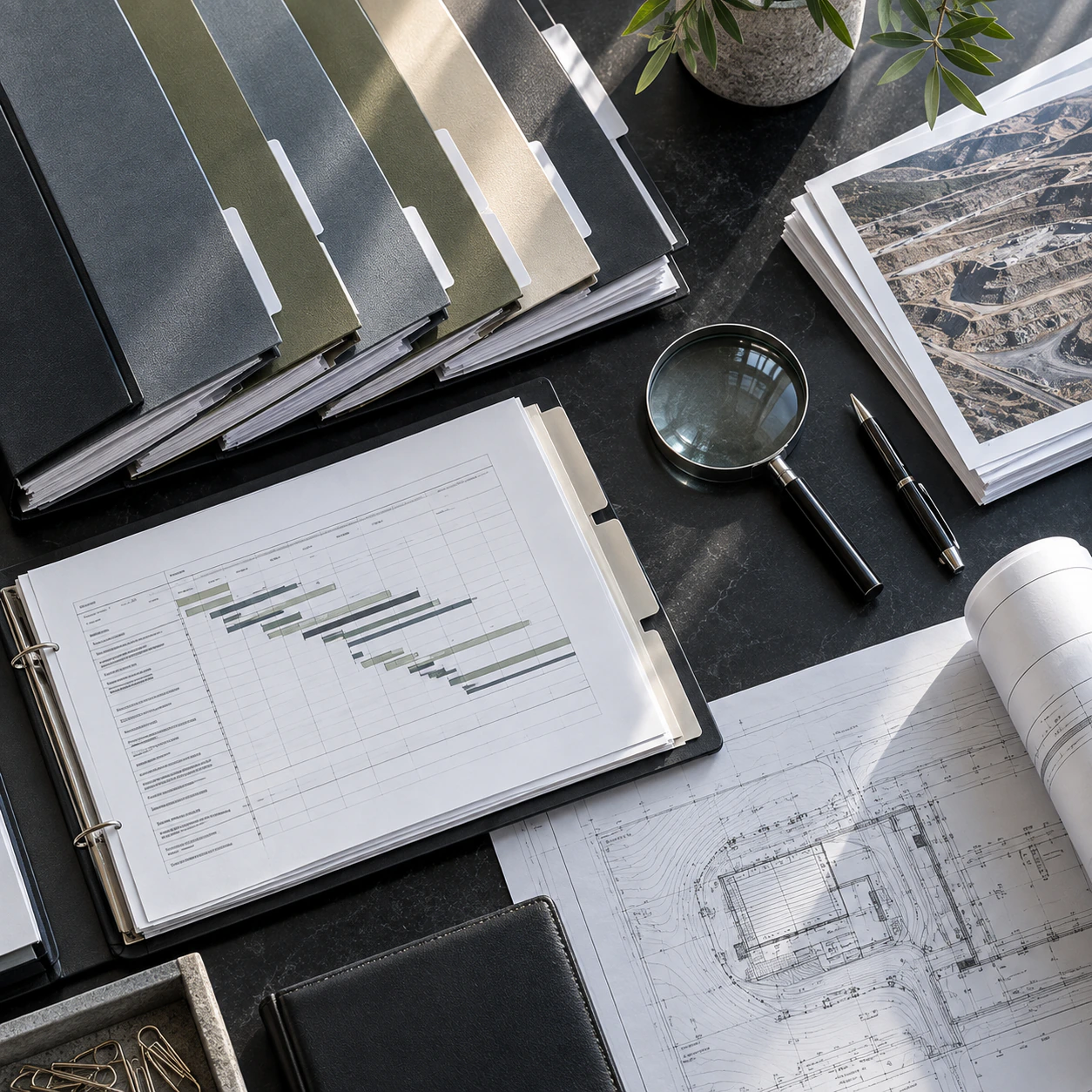 Project binders, performance charts and a magnifying glass on a review desk