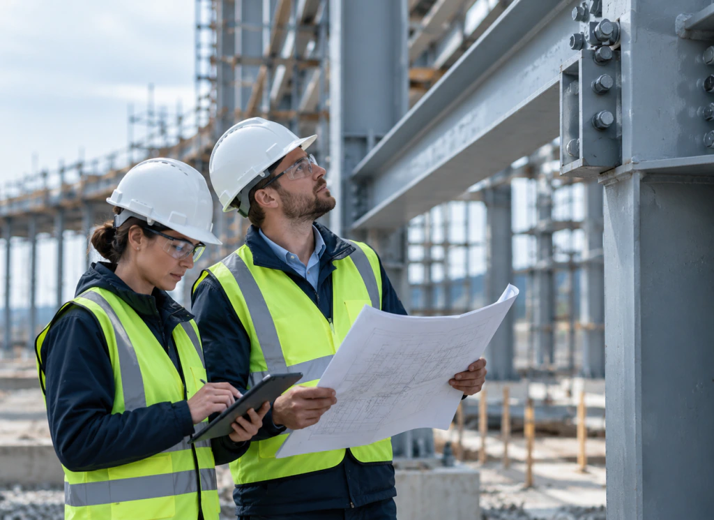 Engineers reviewing drawings beside a steel structure