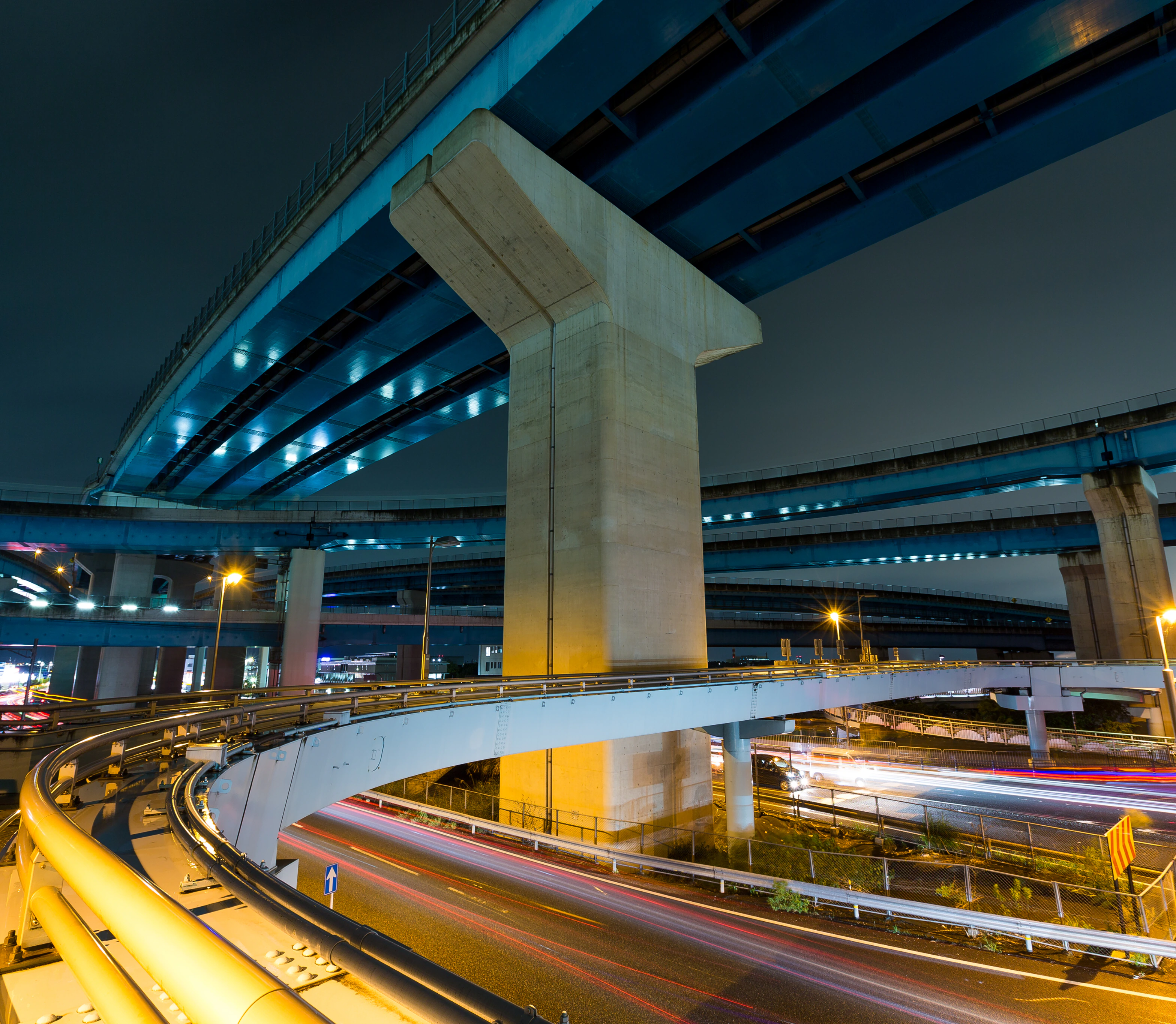 Elevated highway interchange at night