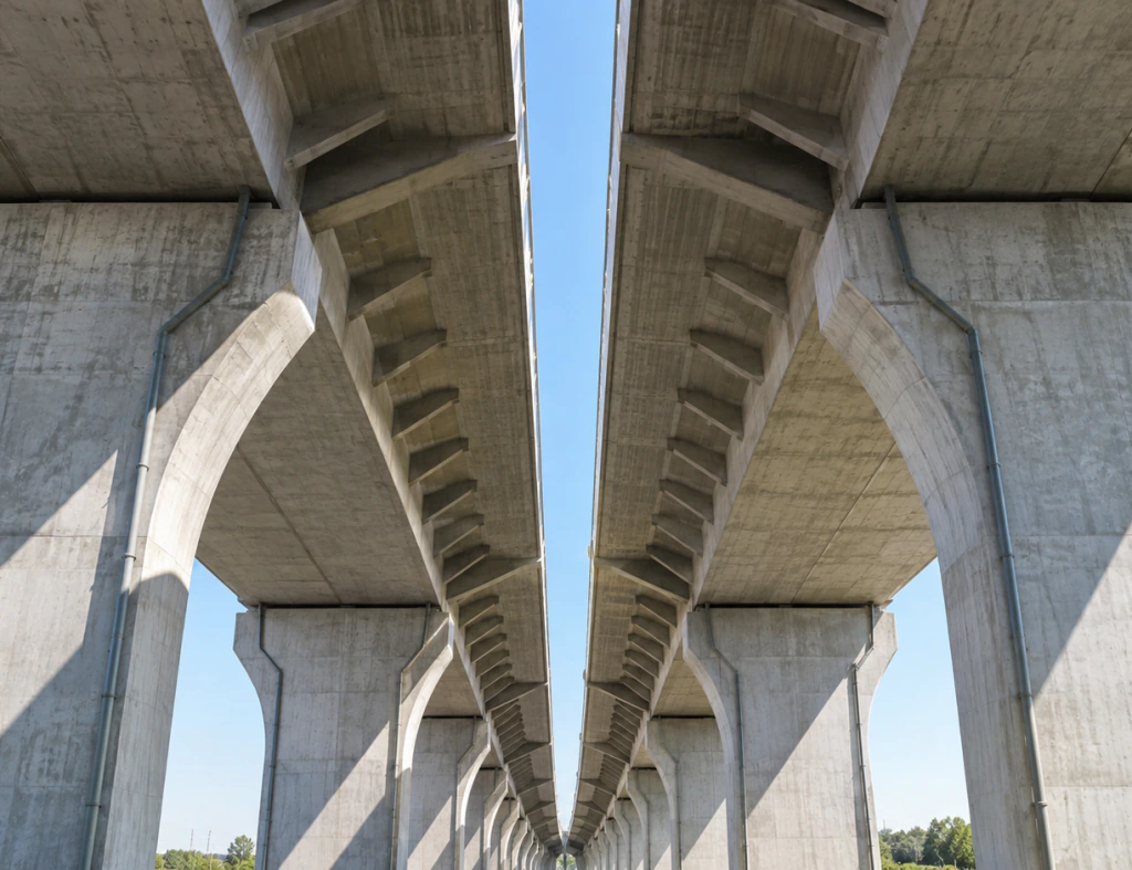 Looking up between the concrete piers of twin highway viaducts