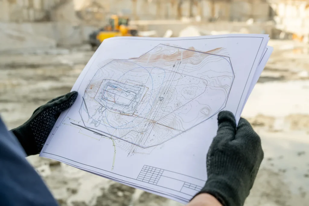 Worker holding a blueprint on a quarry construction site