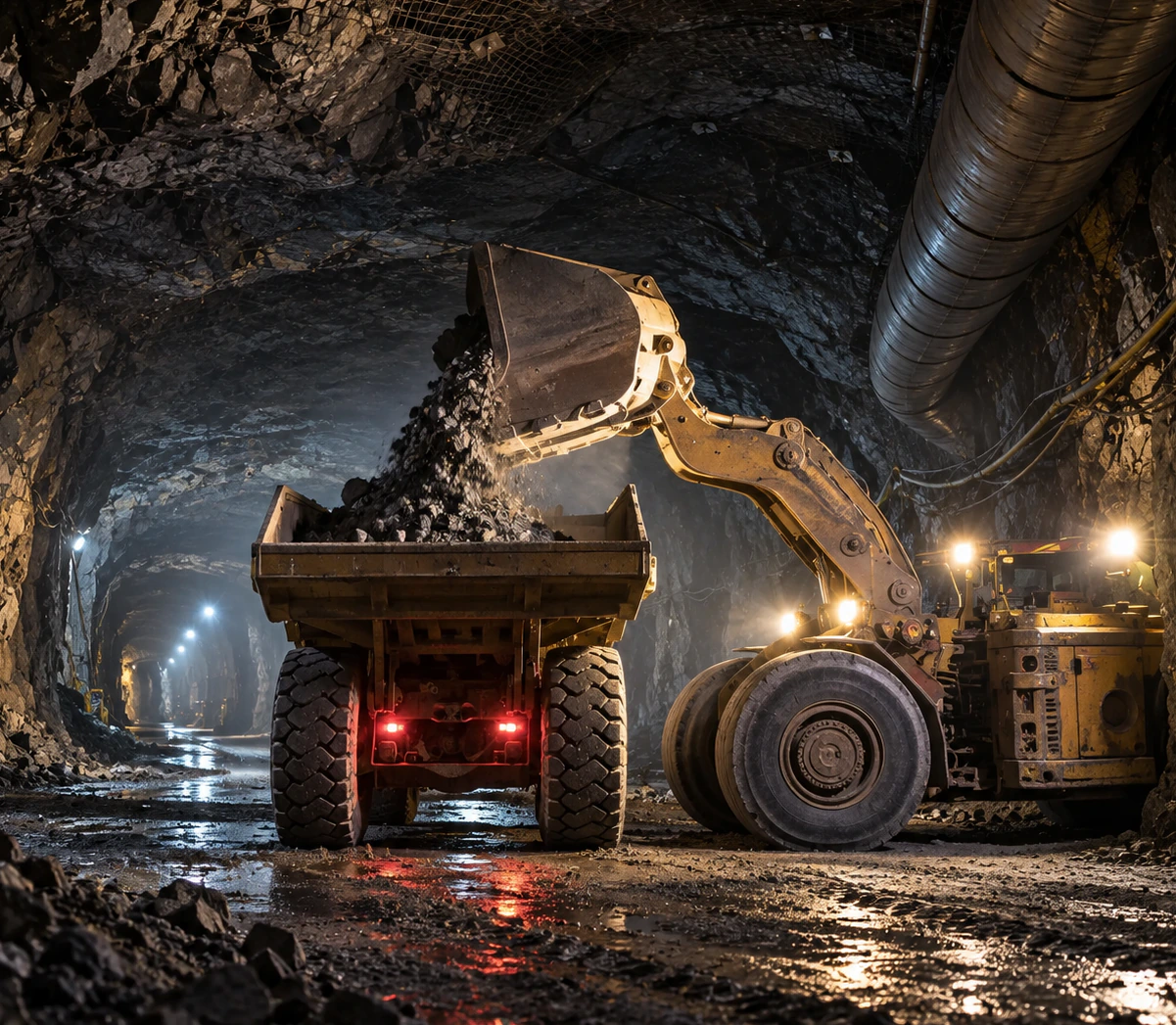 Underground mine loader tipping ore into a dump truck