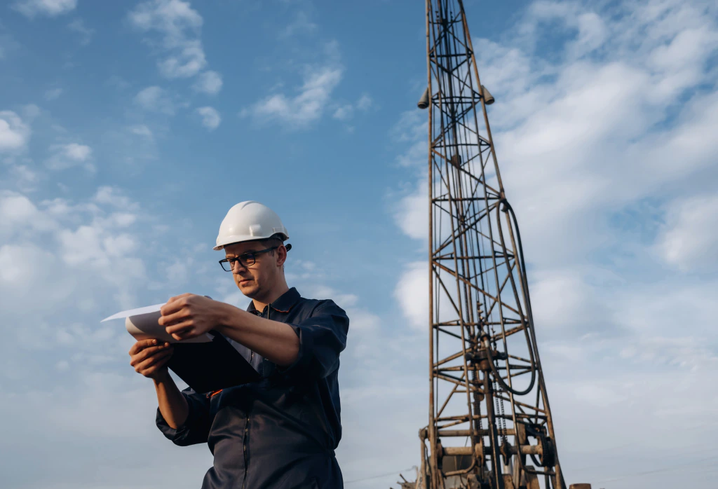Engineer with a tablet beside a drilling rig
