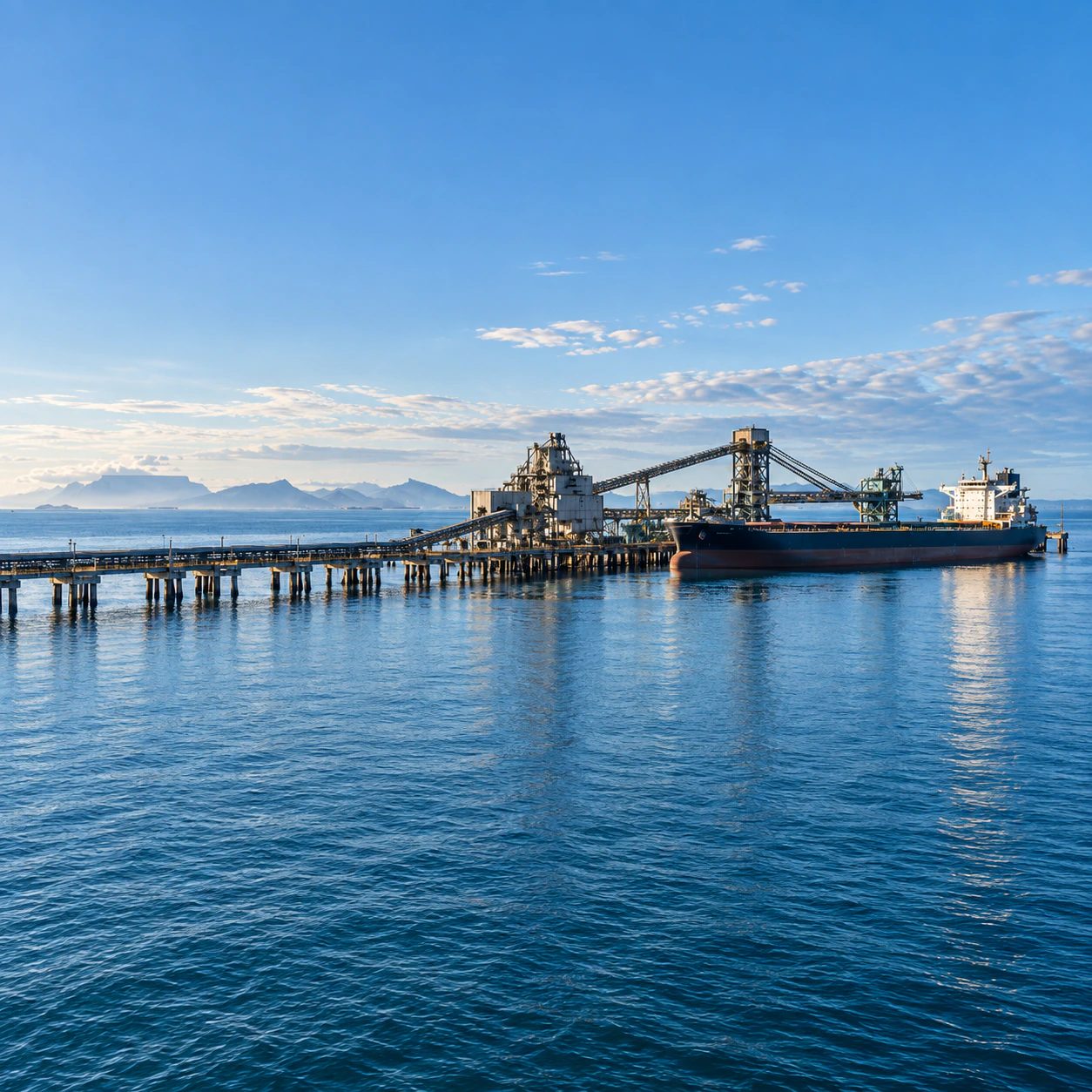 Bulk carrier berthed at a port ship loader on calm water
