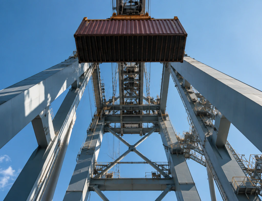 Shipping container lifted by a port gantry crane