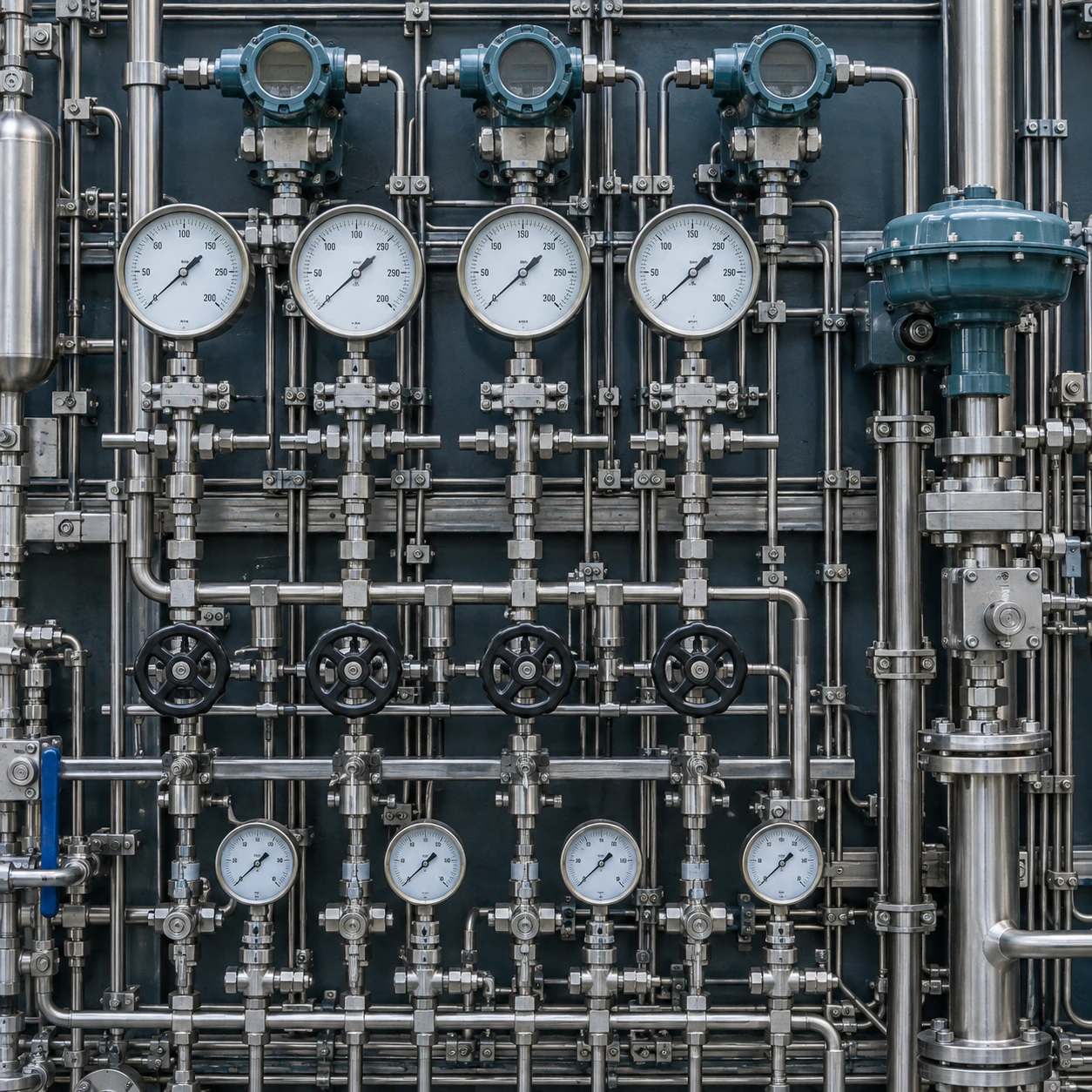 Pressure gauges and valves on an industrial process control panel
