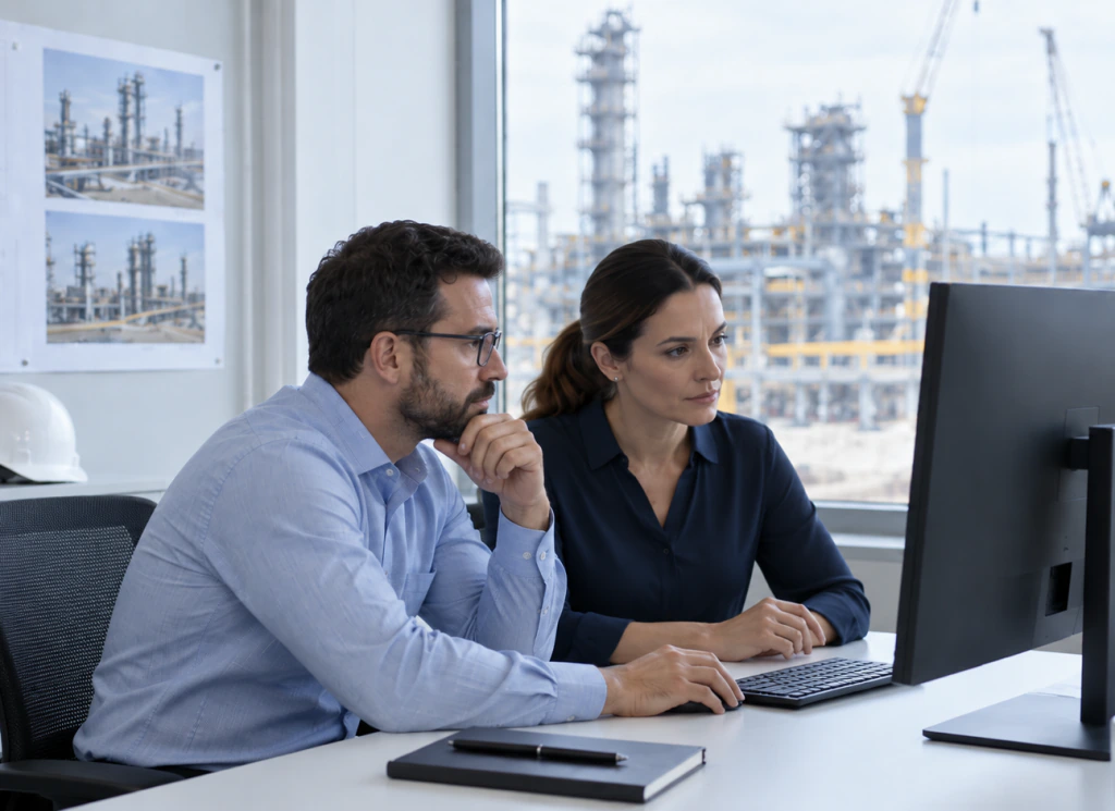 Project controls specialists reviewing performance data