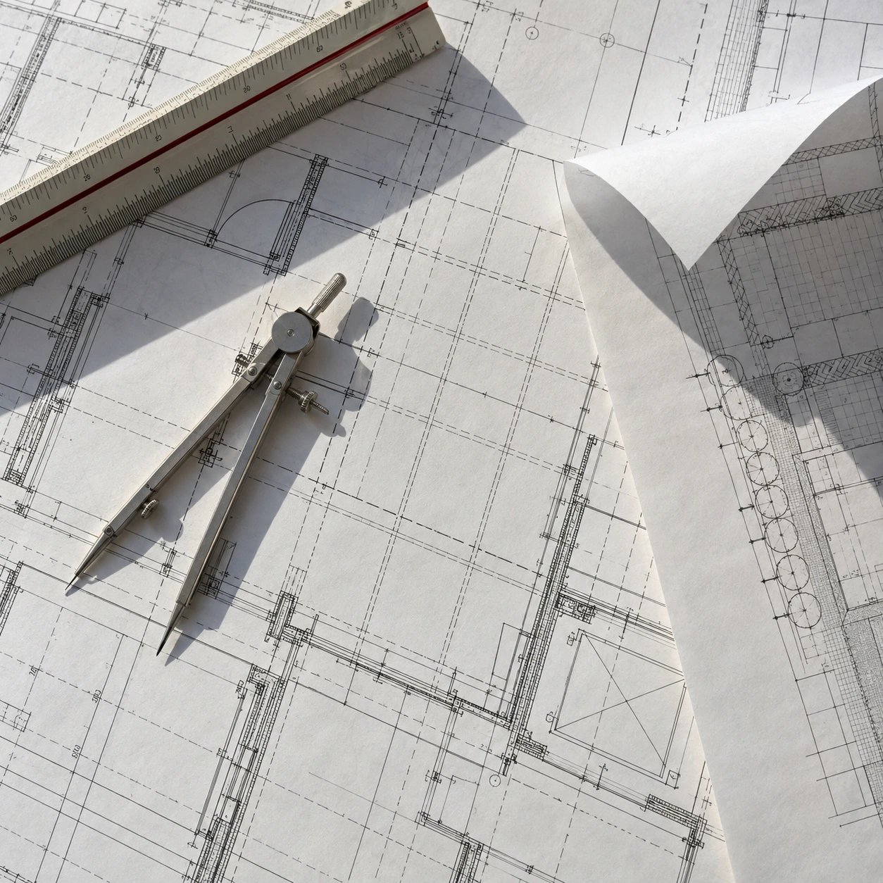 Drawing compass and set square on technical construction drawings