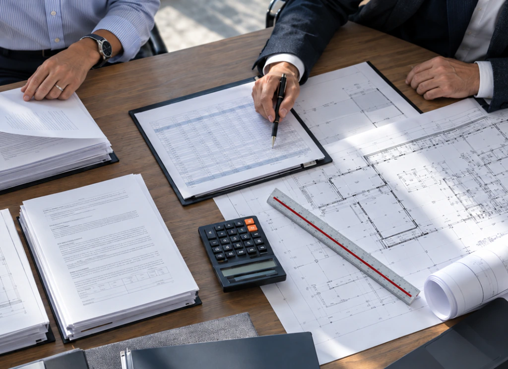 Cost plans, contracts and drawings on a meeting table
