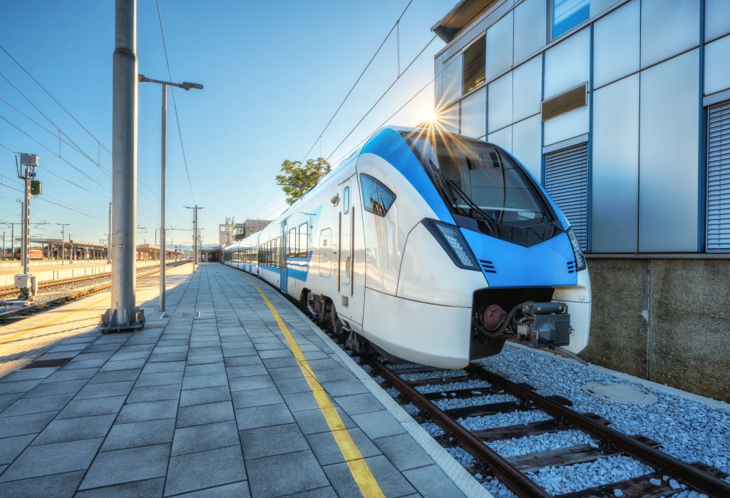 Modern passenger train at a station platform