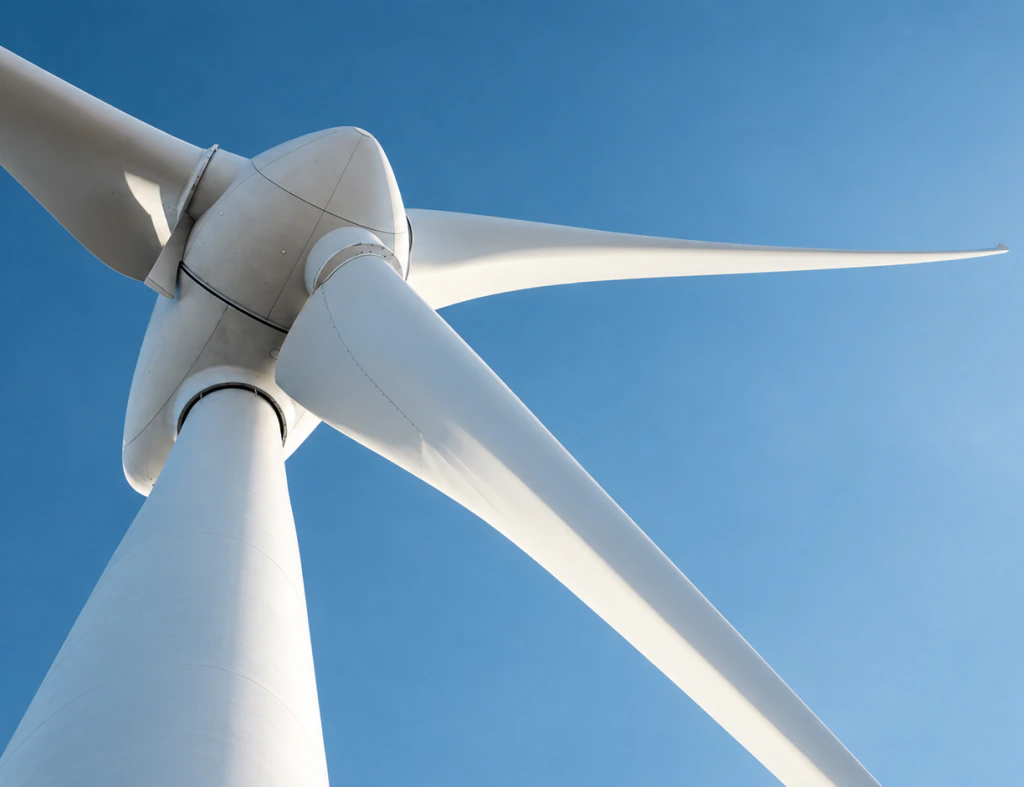 Wind turbine nacelle and blades against a clear blue sky