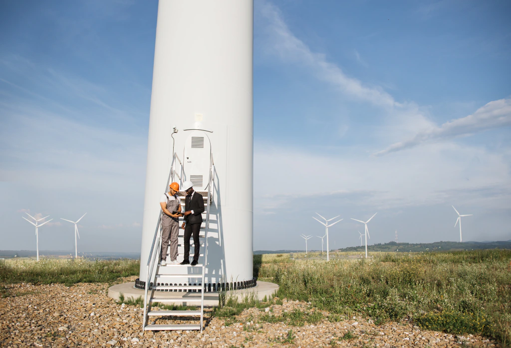 Engineers at the base of a wind turbine